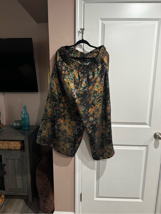 Anthropologie Pants - Anthropologie Black Satin Floral Wide-Leg Pants with Gold & Teal Accents